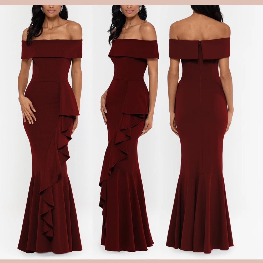 NWT $279 Betsy & Adam [ 4P ] Carina Long Off Shoulder Ruffle Gown Burgundy S2085